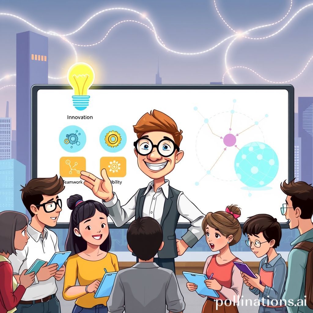 A cheerful, friendly cartoon teacher with glasses, standing in front of a digital whiteboard displaying icons of future skills like a lightbulb for creativity, gears for critical thinking, connected dots for collaboration, and a globe for adaptability. The teacher is pointing to the whiteboard with a confident smile. Around the teacher, diverse cartoon students (mix of ages, from young adults to older learners) are actively engaged, some taking notes on tablets, some discussing, all looking eager to learn. The background is a futuristic city skyline with subtle glowing lines representing data flow. The overall mood is inspiring and educational.