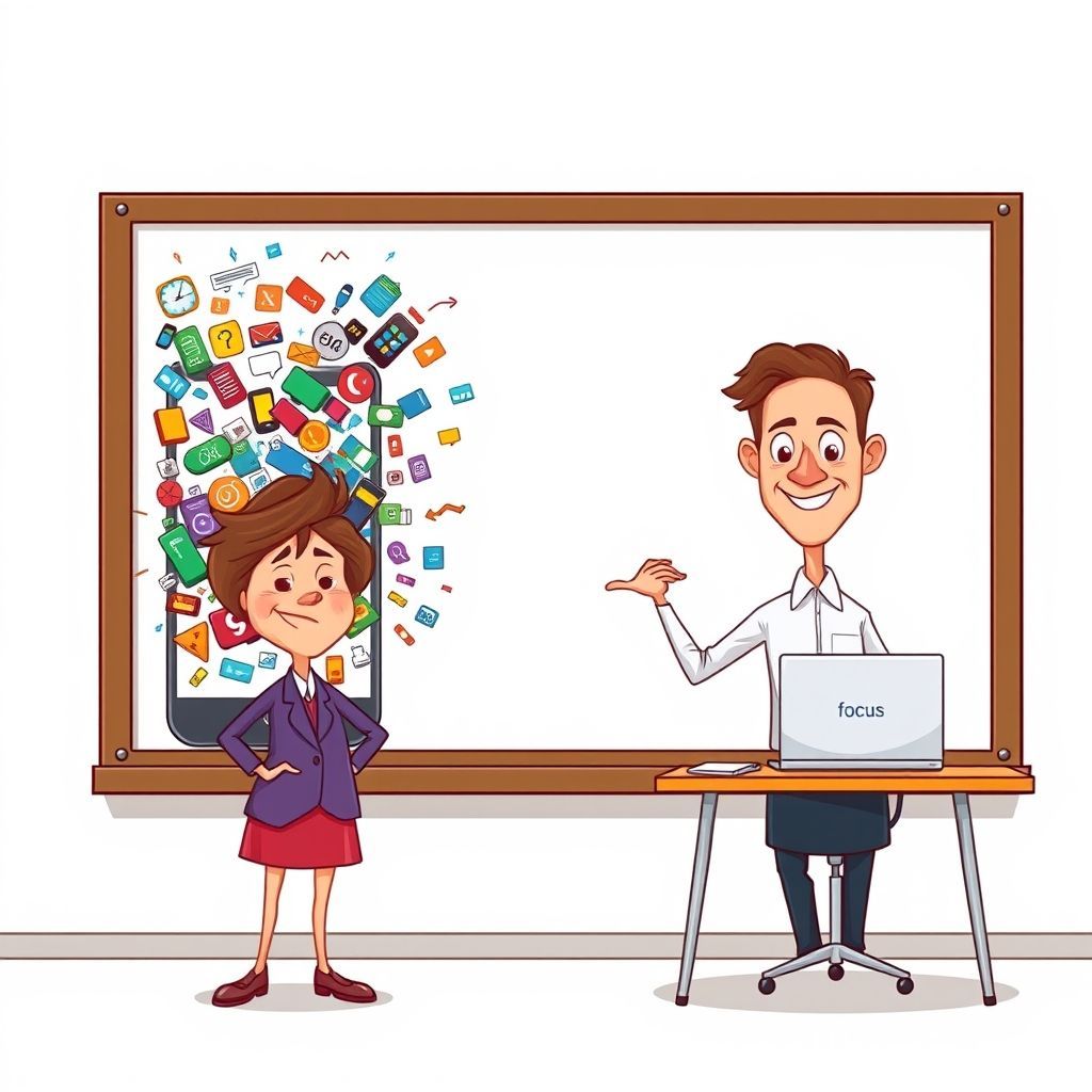 A cheerful, wise-looking cartoon teacher character (male or female, neutral appearance) standing confidently in front of a whiteboard. On the left side of the whiteboard, there's a chaotic depiction of a smartphone exploding with various app icons and notification bubbles, overwhelming a small, stressed-looking person. On the right side of the whiteboard, the same person is now calm and focused, sitting at a clean desk with a single, neatly organized laptop screen, perhaps with a 