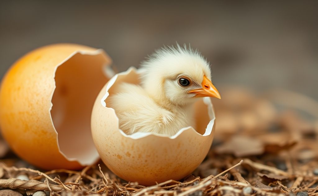 A chicken egg hatching with a chick emerging and feathers developing.