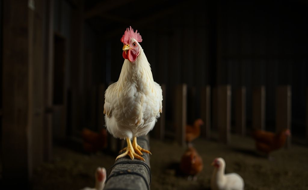 A chicken perched quietly in a dimly lit barn at night.