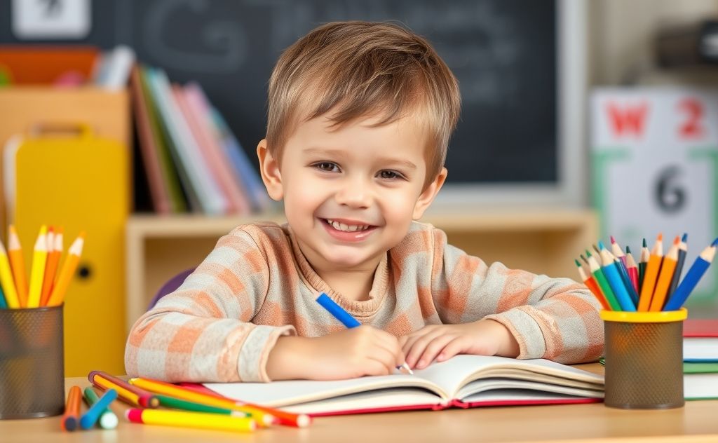 A child happily studying at a desk surrounded by colorful school supplies.