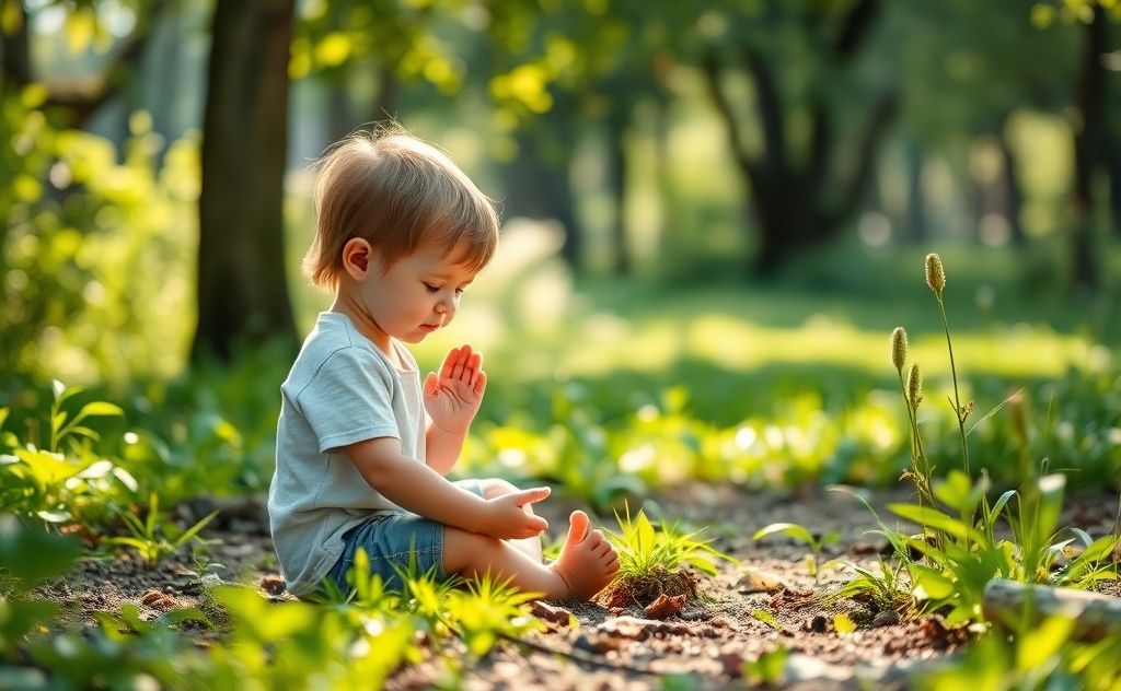 A child practicing grounding exercises in a peaceful outdoor setting.