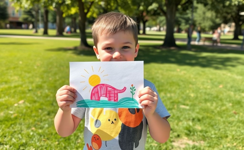 A child proudly displaying a small art project in a sunny park.