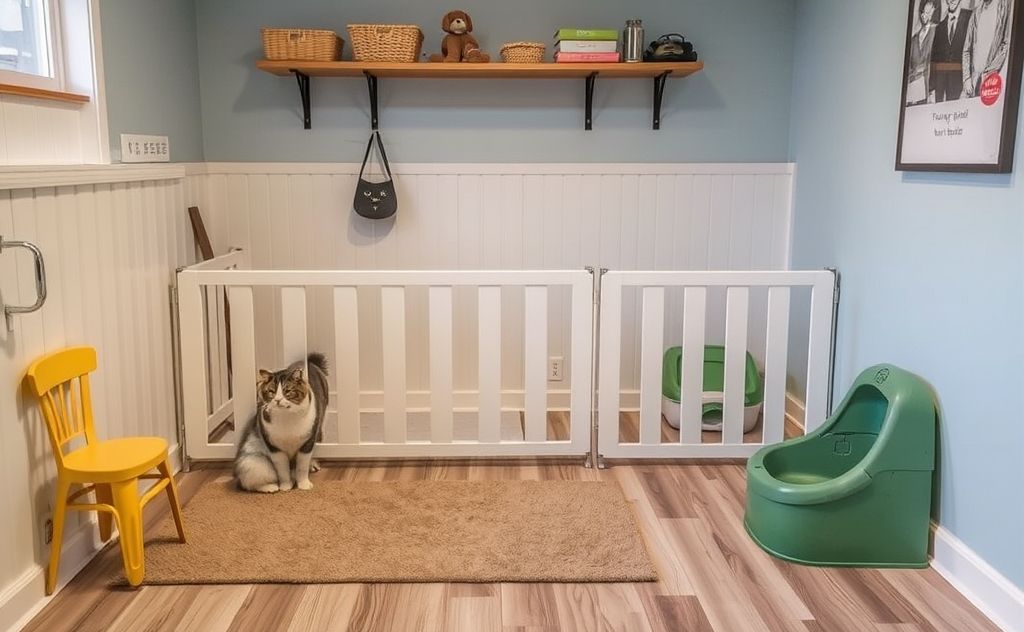 A childproof pet area with blocked access to litter boxes.