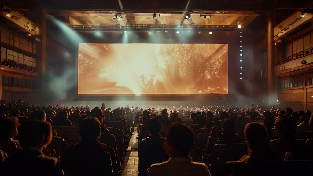 大きな文化ホールのステージに設置されたスクリーンと、上映を待つ観客のシルエットの様子