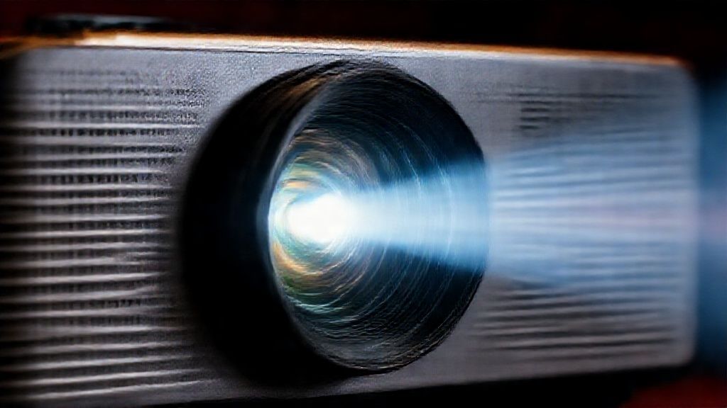 暗いシアターで光を放つプロジェクターのレンズのクローズアップ