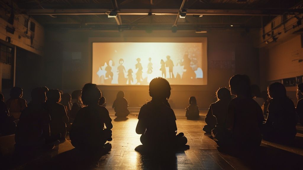 暗い体育館でスクリーンを見つめる小学生たちの後ろ姿