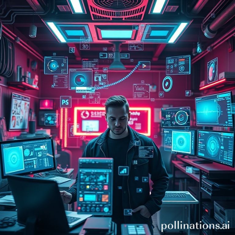 A creative professional in a cyberpunk workshop surrounded by floating holographic AI tools.