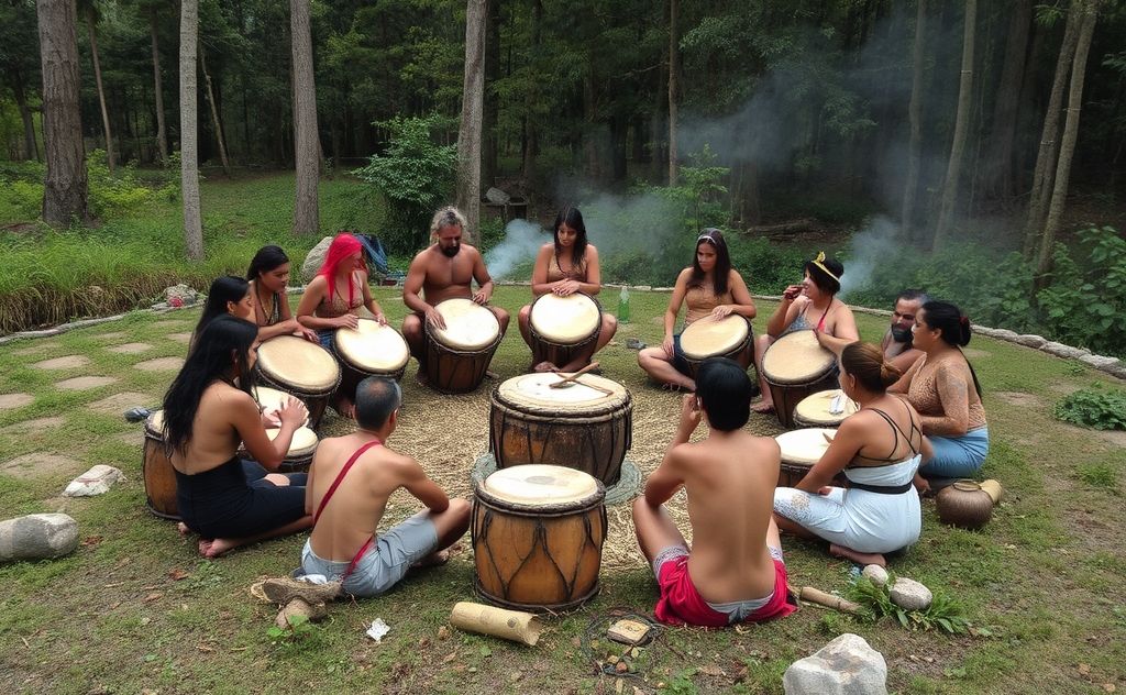 A circle of drums surrounded by nature during a shamanic ritual.