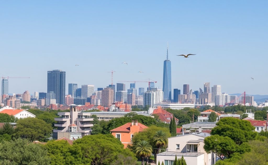 A city skyline with birds nesting among buildings and trees.