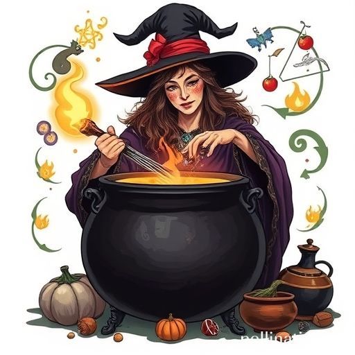 A classic witch stirring a glowing potion in a large black cauldron, with alchemical symbols and cooking ingredients swirling around her, representing transformation.