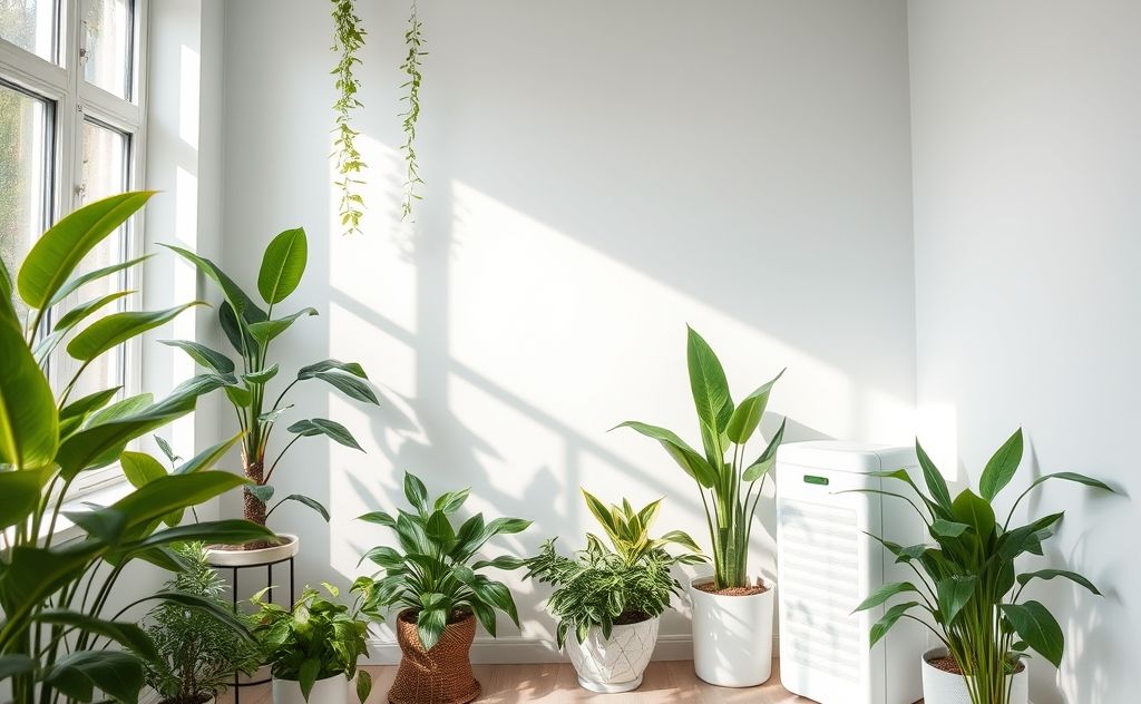 A clean air environment with plants and air purifiers for asthma care.