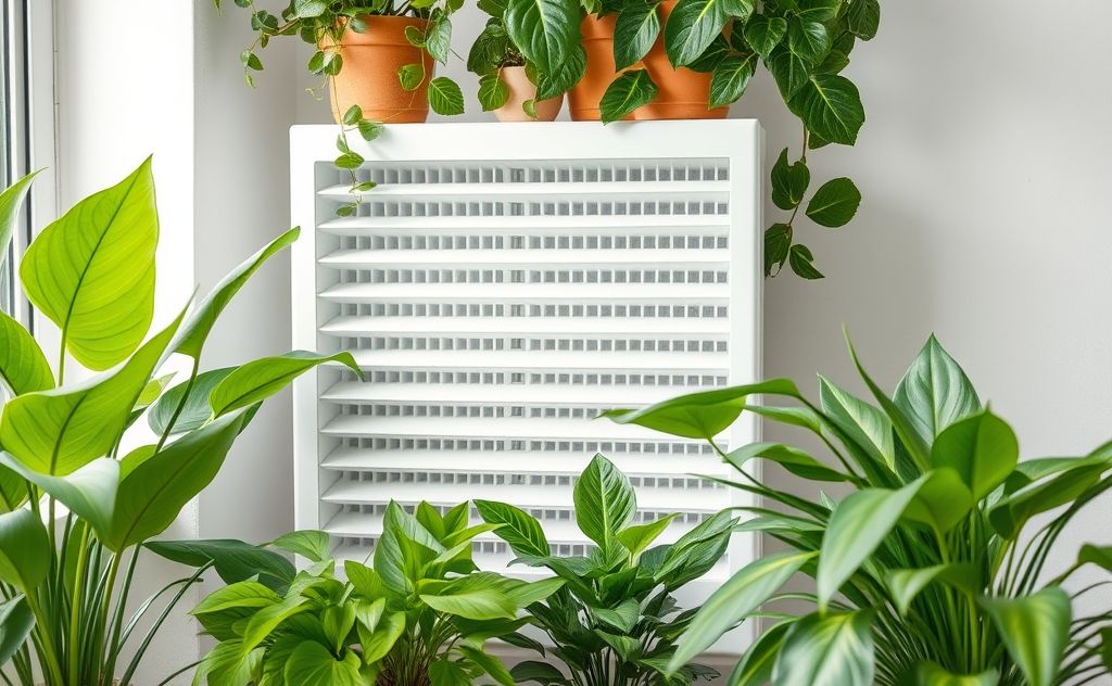 A clean air filter surrounded by fresh indoor plants.