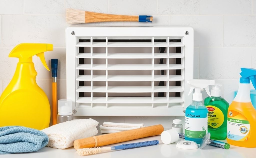 A clean air vent surrounded by deep cleaning tools and supplies.