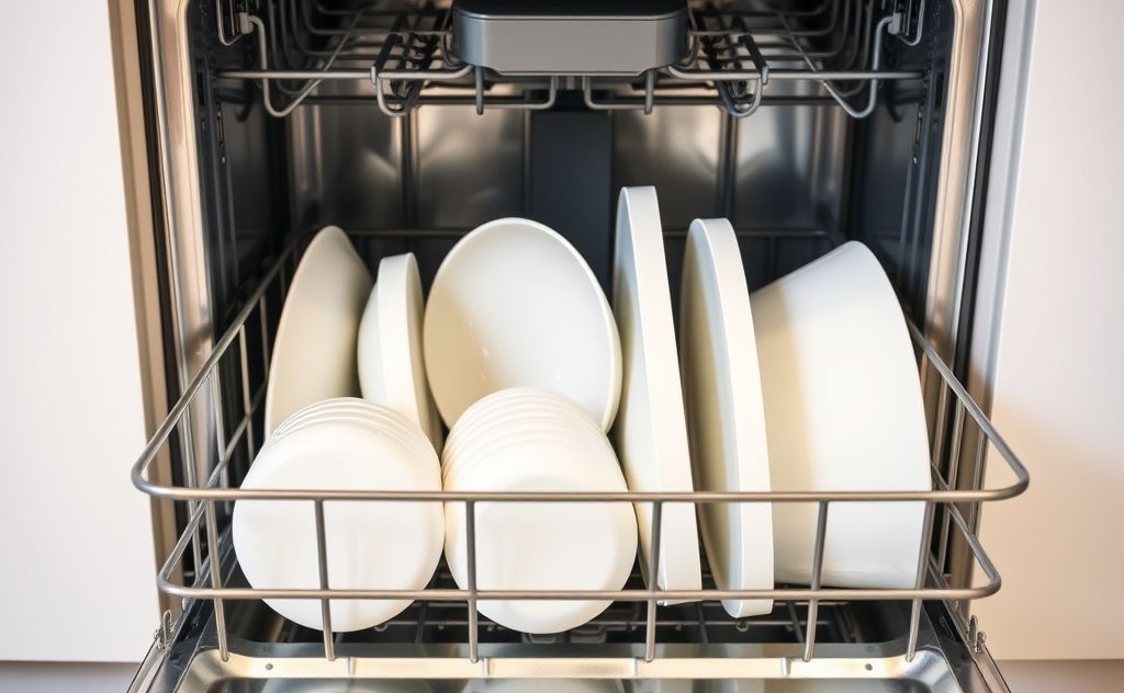 A clean and organized dishwasher with sparkling dishes inside.