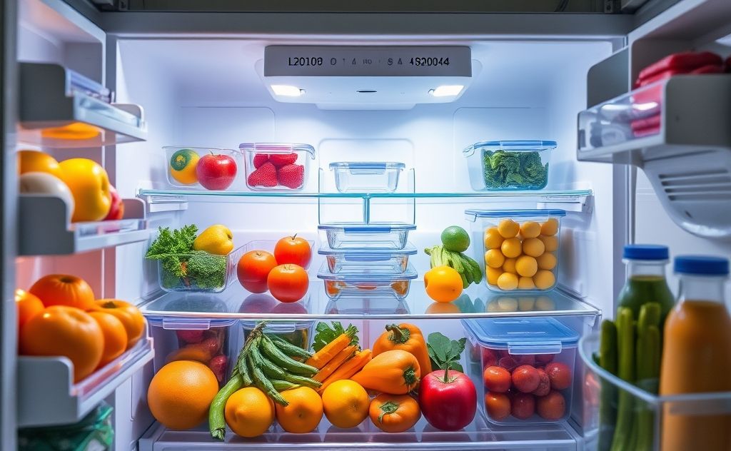 A clean and organized fridge filled with fresh produce and containers.