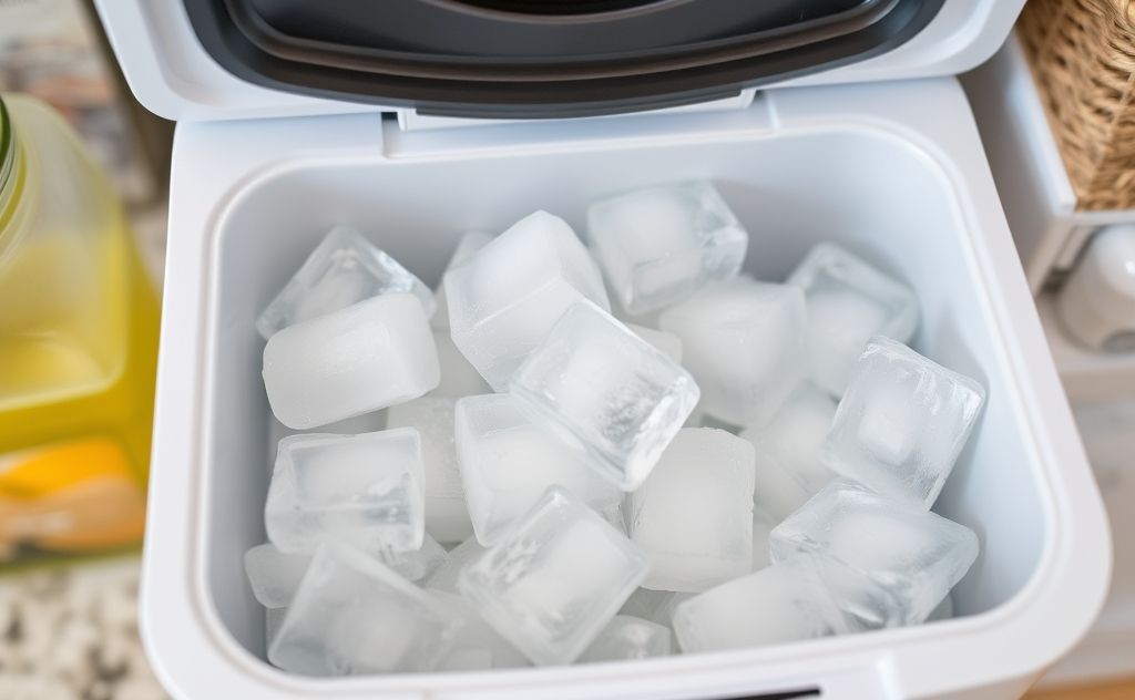 A clean and organized home ice maker with ice cubes ready to use.