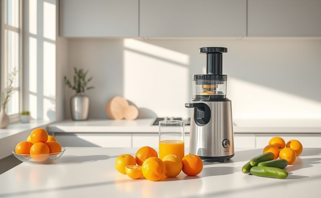 A clean and organized home juicer on a kitchen countertop.