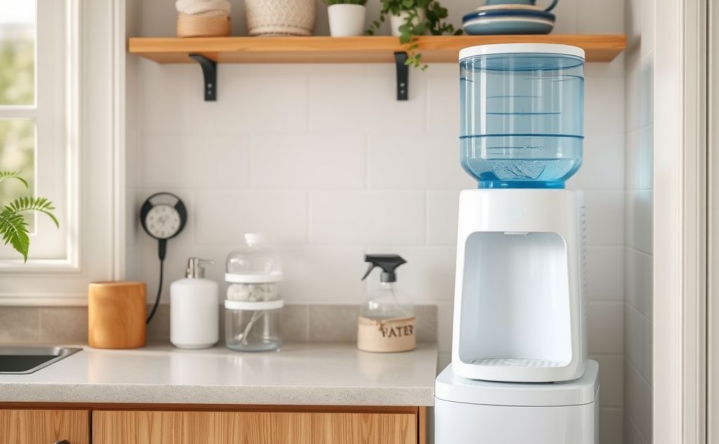 A clean and organized home water dispenser with fresh water.