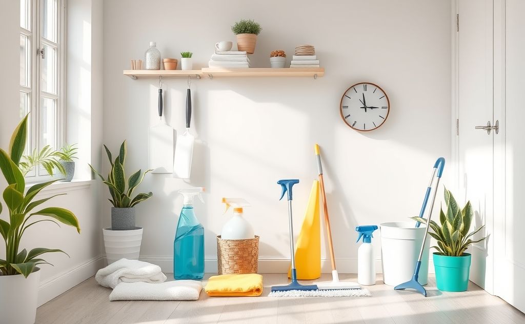 A clean and organized home with efficient cleaning tools displayed.