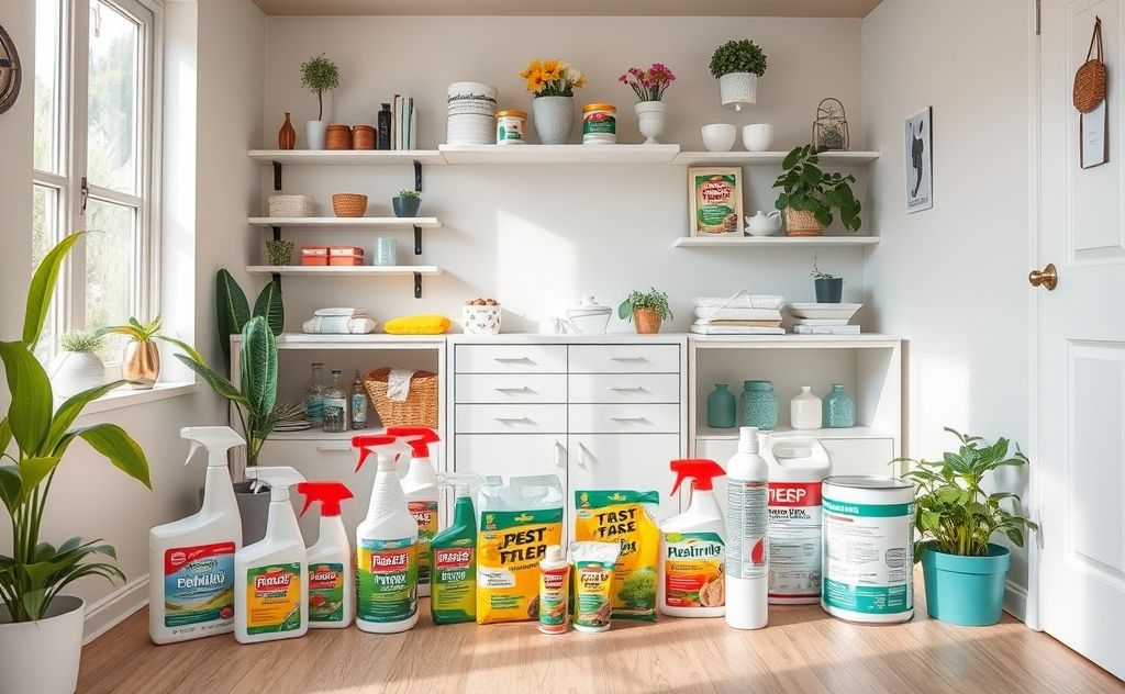 A clean and organized home with pest control supplies on display.