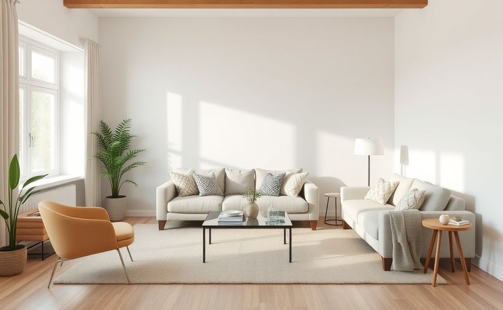 A clean and organized minimalist living room with strategic furniture placement