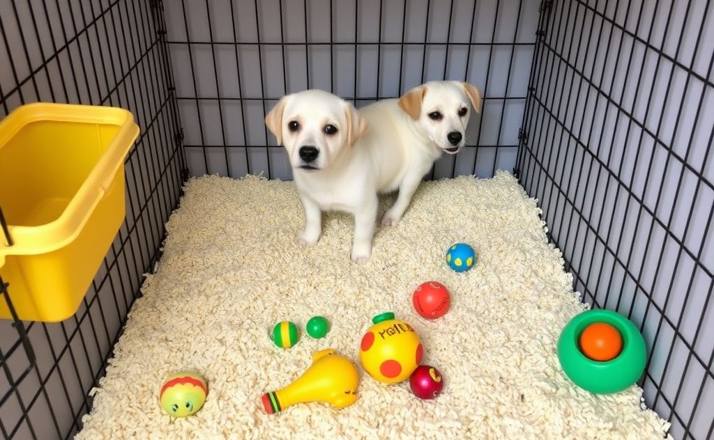 A clean and organized pet cage with fresh bedding and toys.