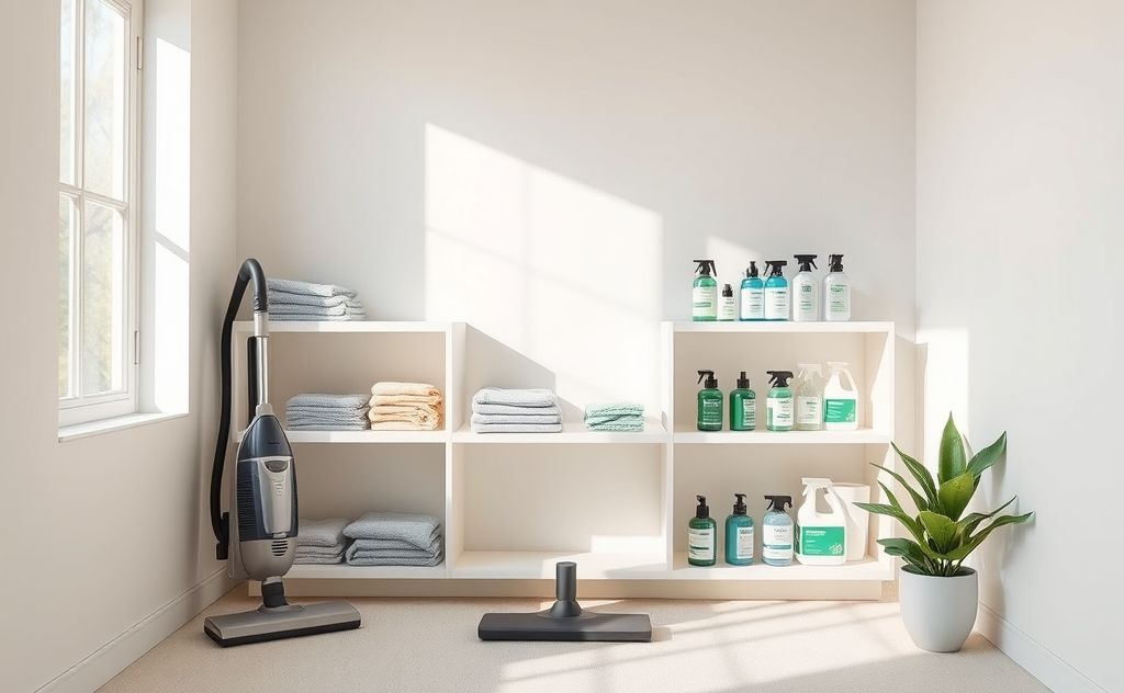 A clean and organized rental space with efficient cleaning tools.