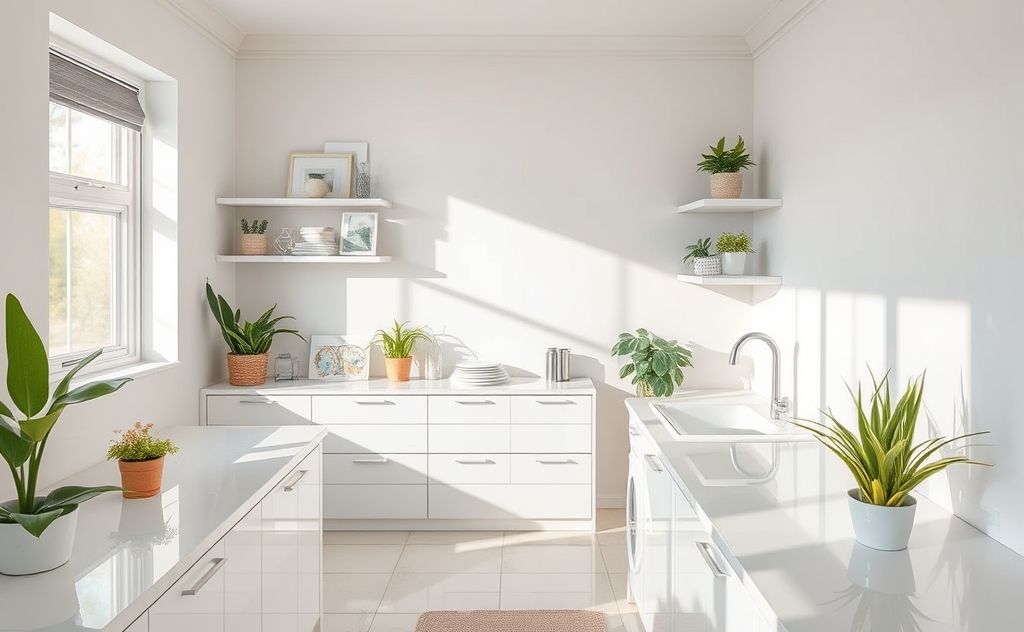 A clean and organized room with sparkling surfaces and fresh decor.