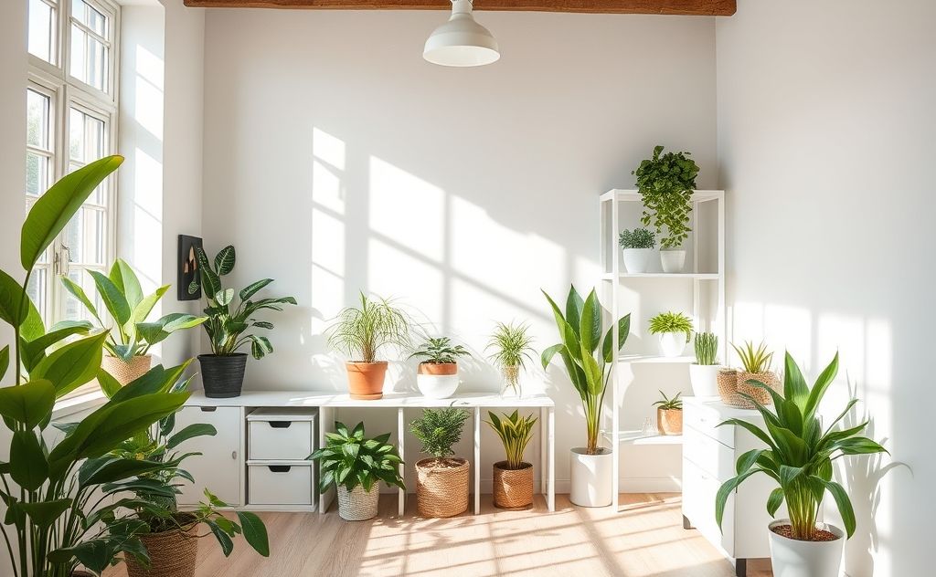 A clean and organized room with vibrant plants and sunlight.