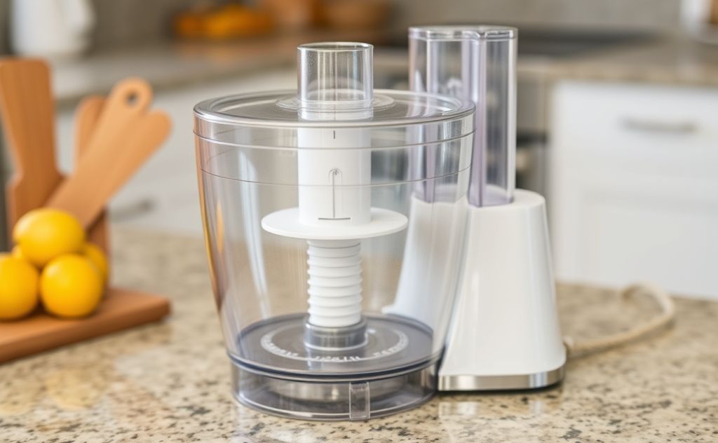 A clean and shiny food processor on a kitchen countertop.