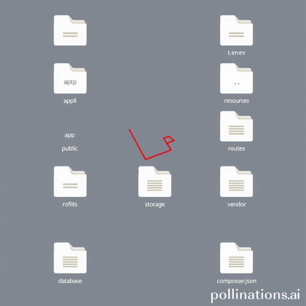 A clean and well-organized digital representation of a file directory structure, specifically for a Laravel project. Show folder icons with labels for common Laravel directories like 'app', 'public', 'resources', 'database', 'config', 'routes', 'storage', 'vendor', and some key files like '.env', 'artisan', 'composer.json'. The overall aesthetic should be modern, minimalist, and convey organization and clarity, suitable for a technical article.