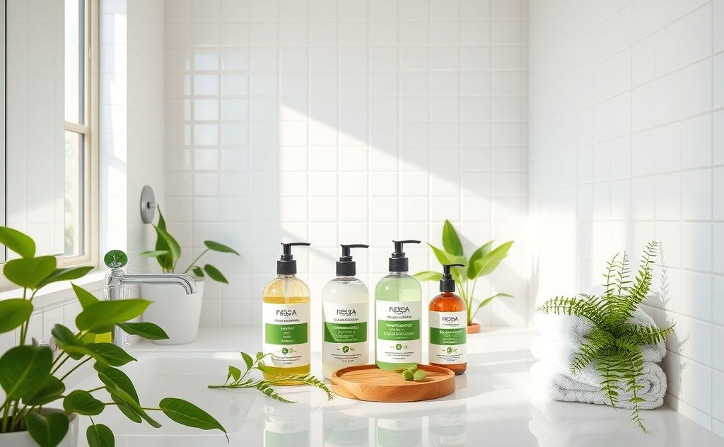 A clean bathroom with eco-friendly cleaning products and plants.
