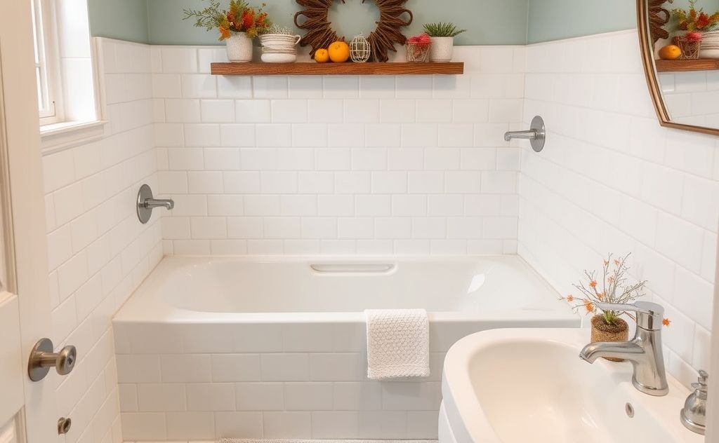 A clean bathroom with fresh grout and seasonal decor elements.