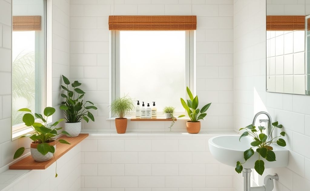 A clean bathroom with plants and natural cleaning supplies.