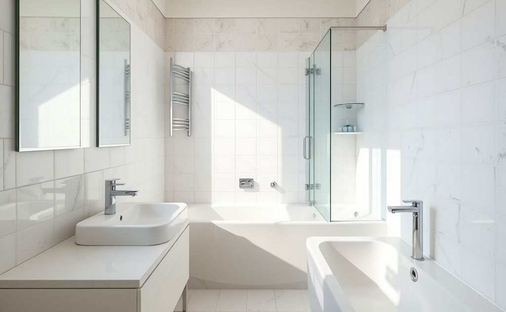 A clean bathroom with shiny surfaces and no mold.