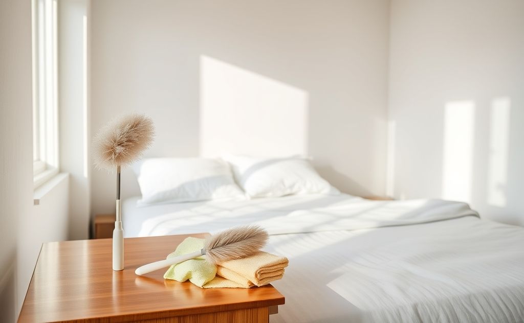 A clean bedroom with dusting tools and fresh linens on the bed