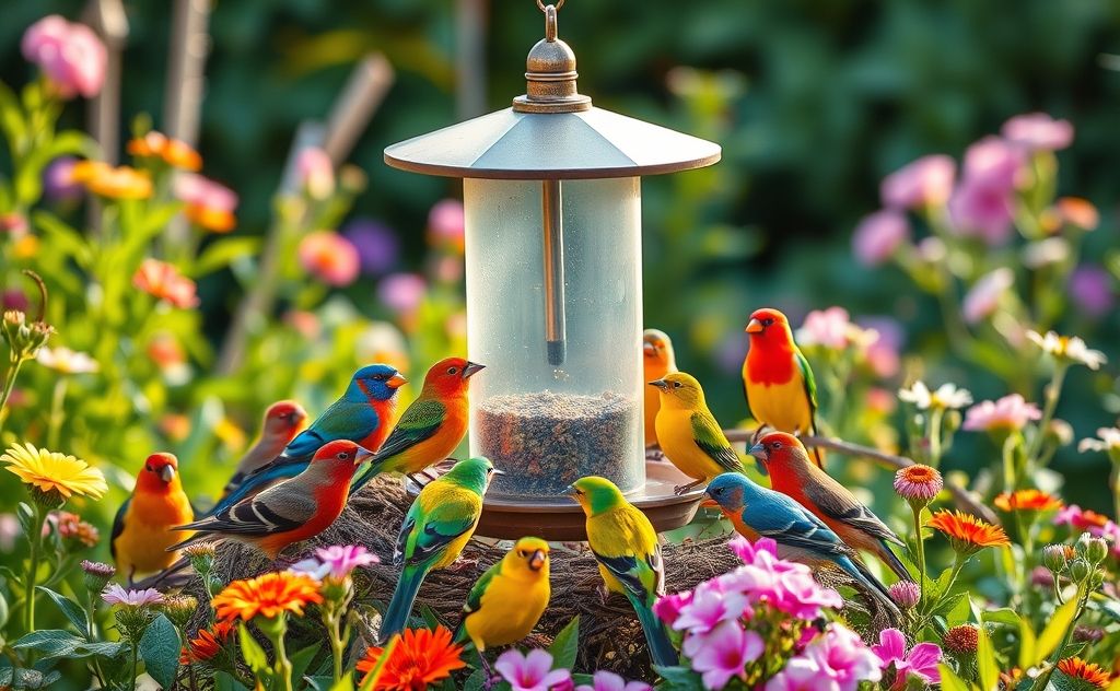 A clean bird feeder surrounded by colorful birds in a garden.