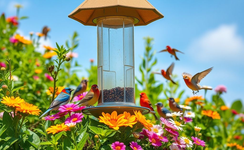 A clean bird feeder surrounded by vibrant nature and birds.