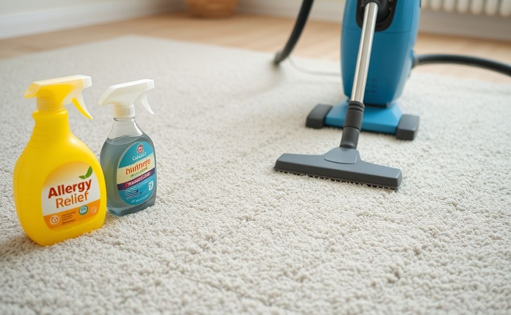 A clean carpet with a vacuum and cleaning supplies for allergy relief