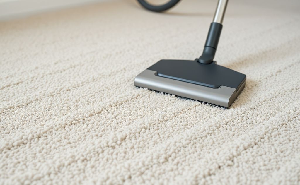 A clean carpet with a vacuum cleaner and scattered dust particles.