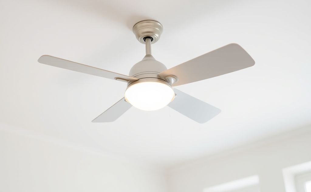A clean ceiling fan and light fixture in a bright room setting.