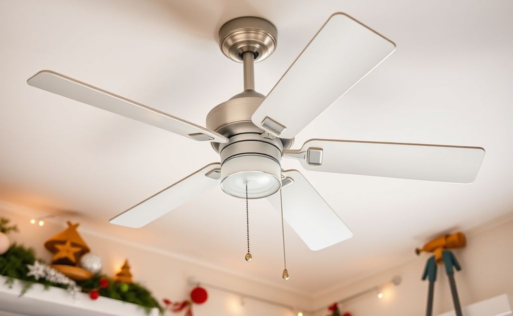 A clean ceiling fan surrounded by seasonal decorations and dusting tools