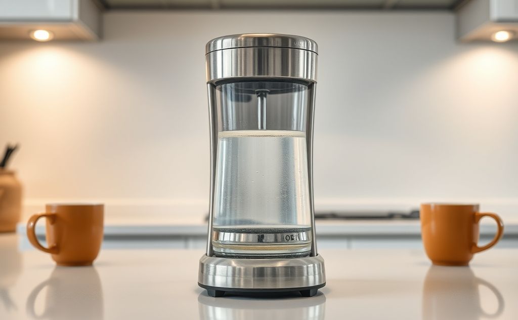 A clean coffee maker with water and vinegar on a kitchen counter.