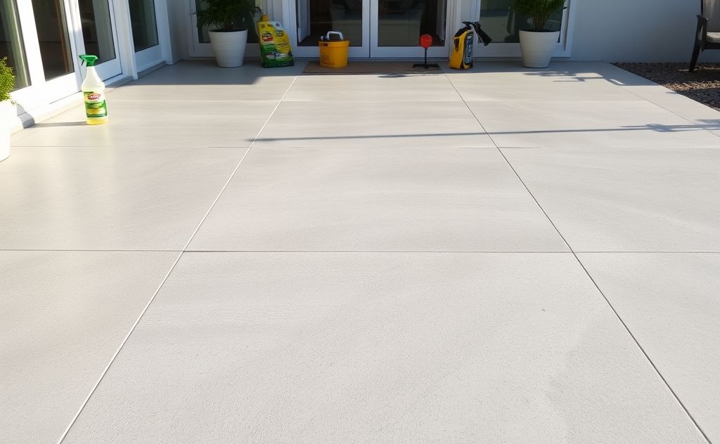A clean concrete patio with a focus on stain removal techniques.