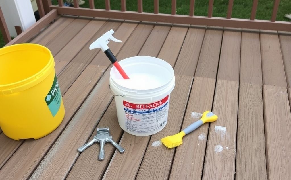 A clean deck with a bucket of bleach solution and cleaning tools.