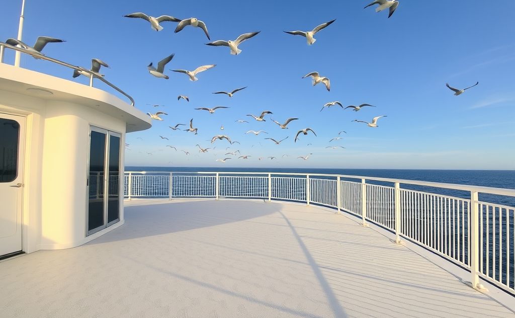 A clean deck with birds flying above, avoiding the area.