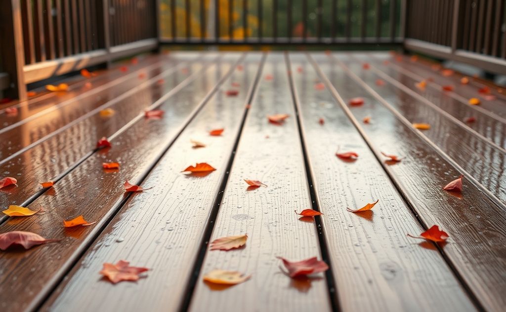 A clean deck with water droplets and scattered leaves after rain.