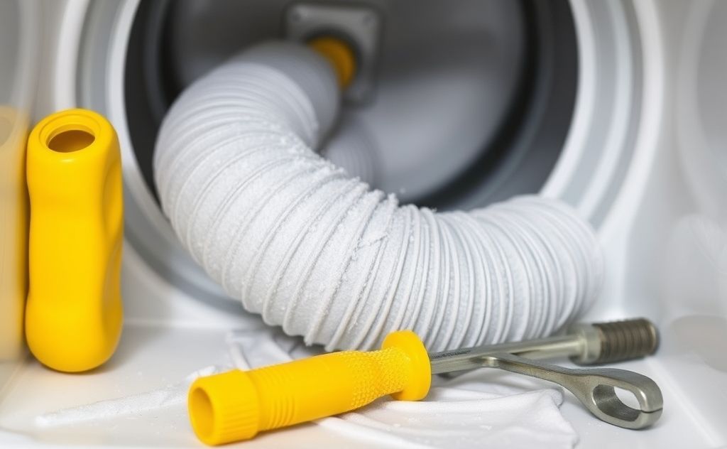 A clean dryer vent hose with tools for maintenance and safety.