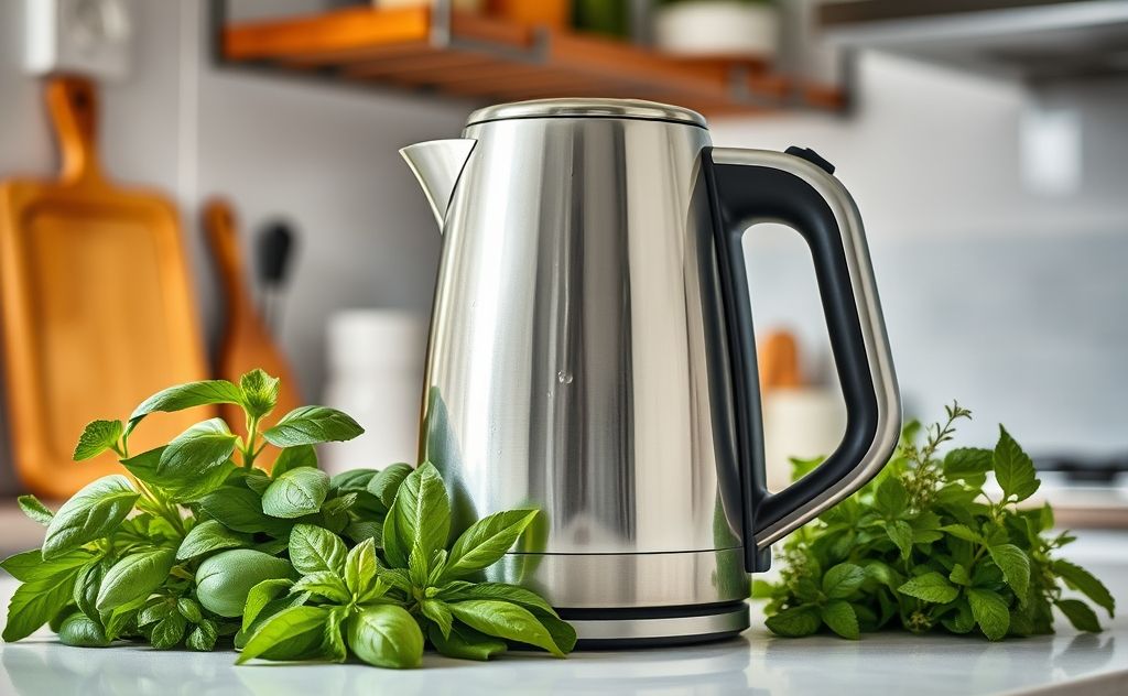A clean electric kettle surrounded by fresh herbs and water droplets.
